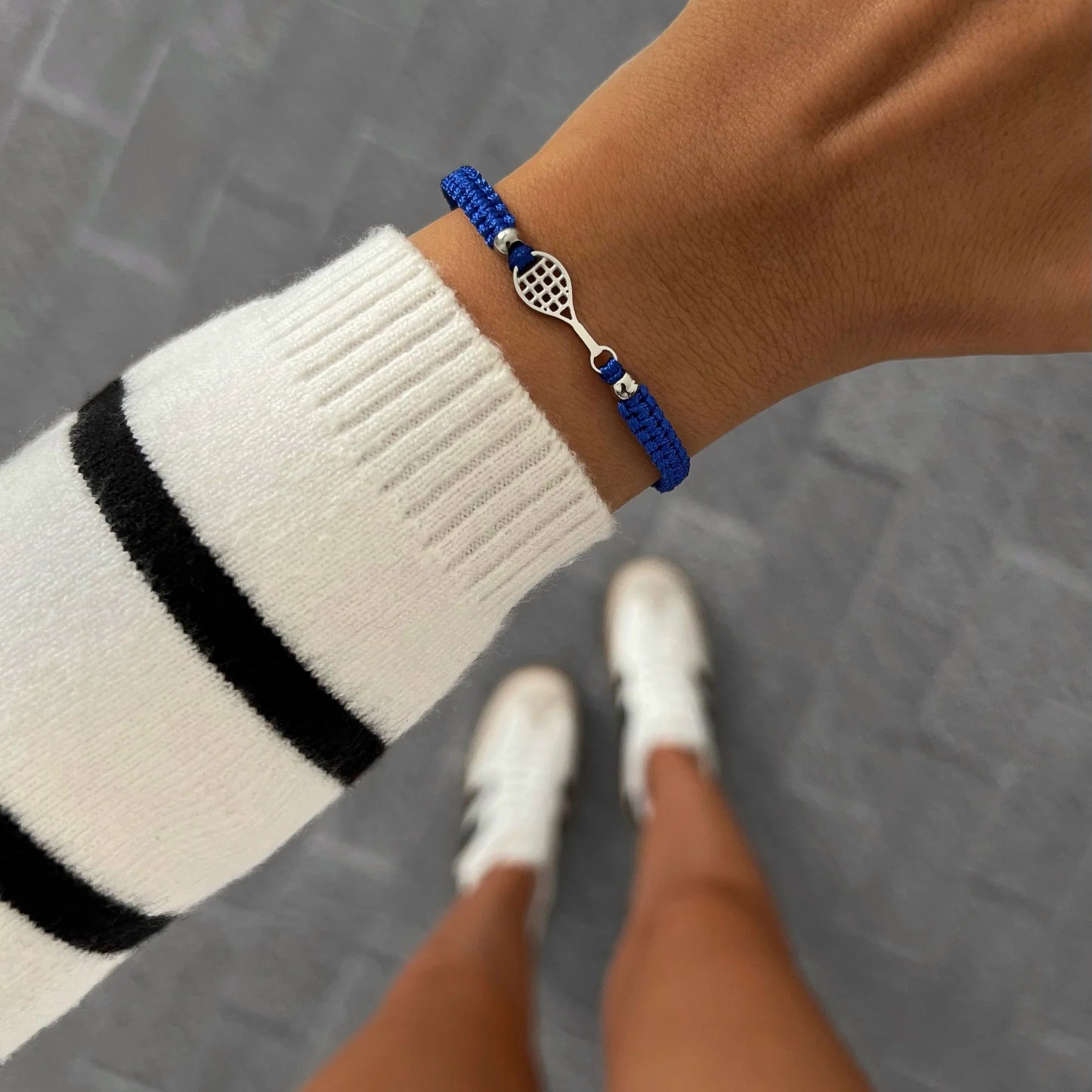 Silver Tennis Court Blue Braided Bracelet