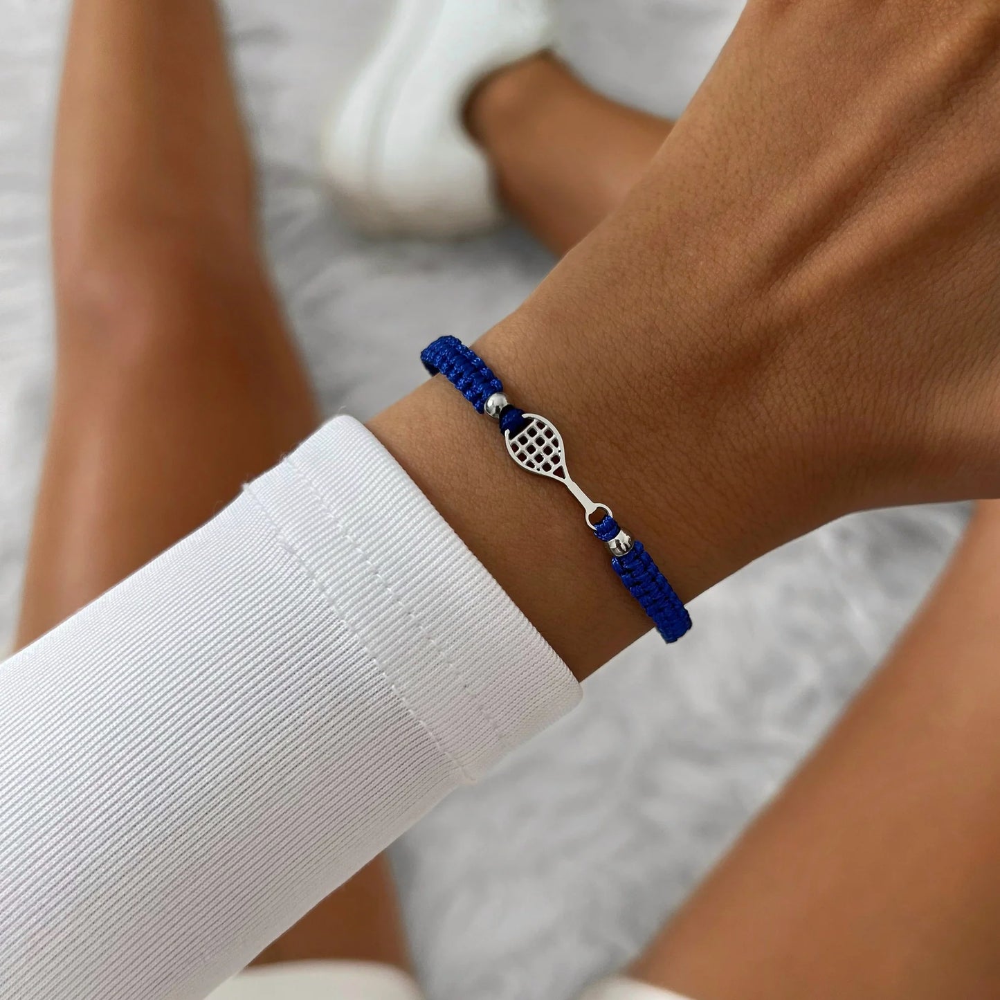 Silver Tennis Court Blue Braided Bracelet